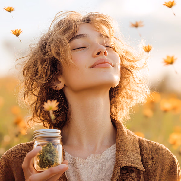 Young lady holding a jar of cannabis with a blissful look on her face